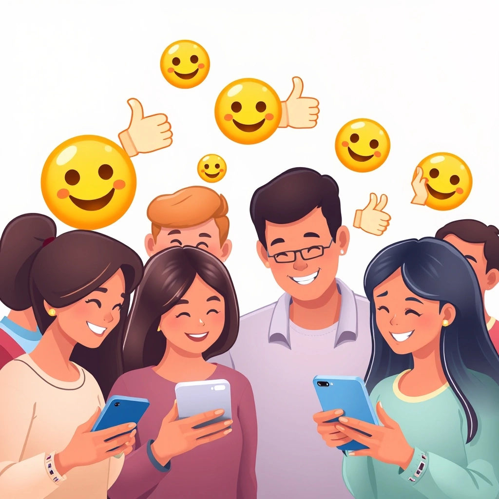 People using phones with positive emojis representing friendly online tone