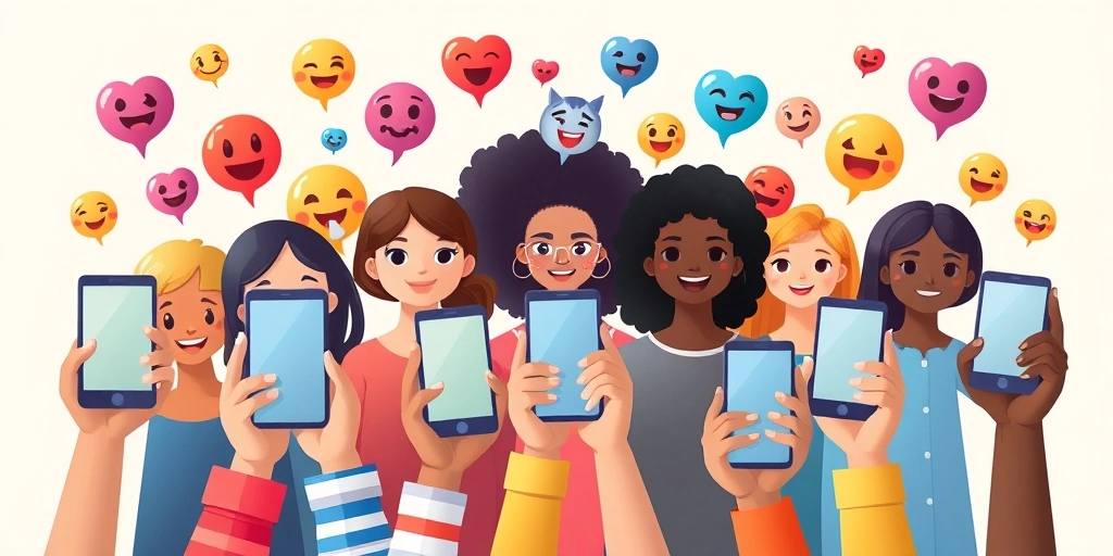 Group using phones with emojis representing shared online communication