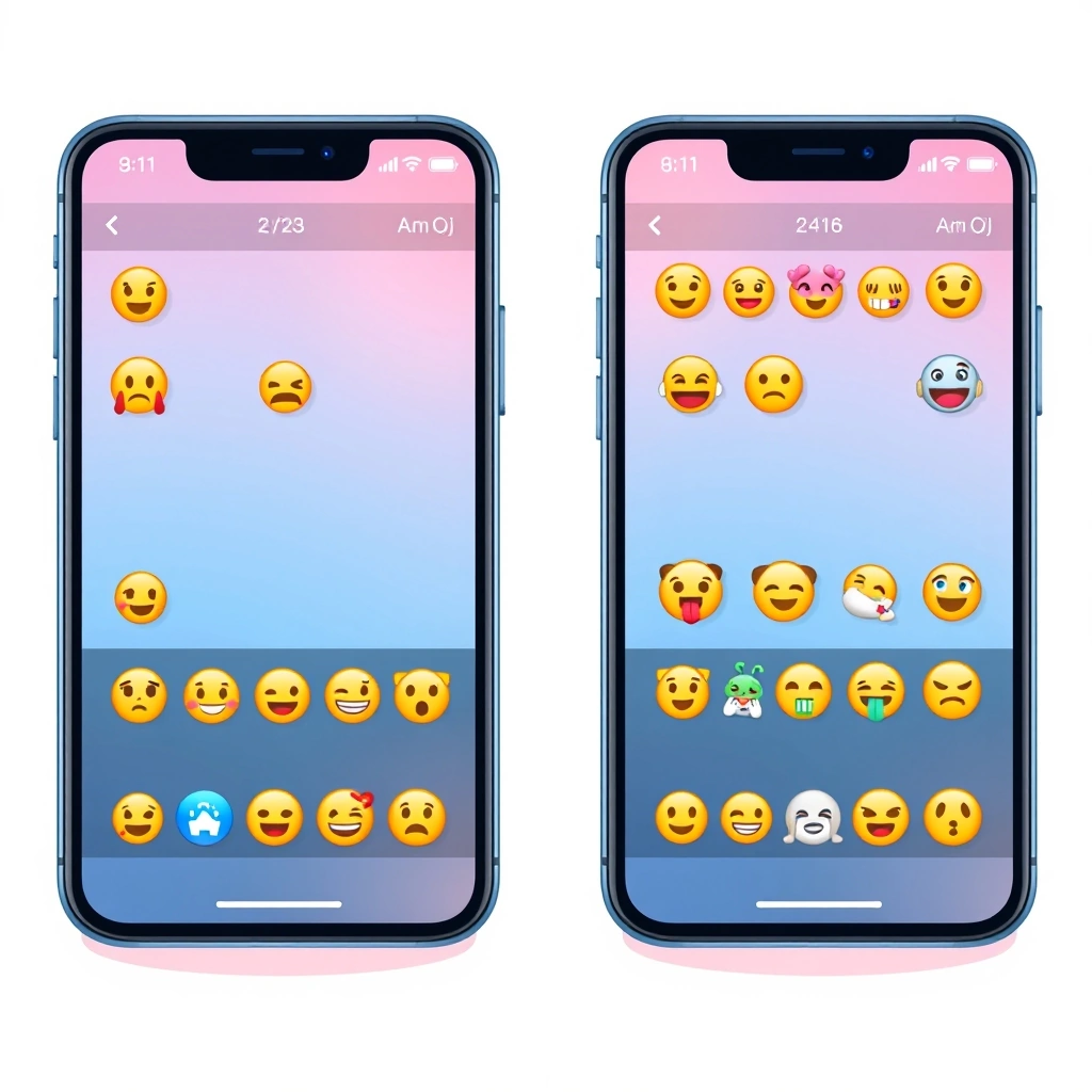 Comparison of emoji keyboards from different years showing evolution of popular symbols. Comparison of emoji keyboards from different years showing evolution of popular symbols.