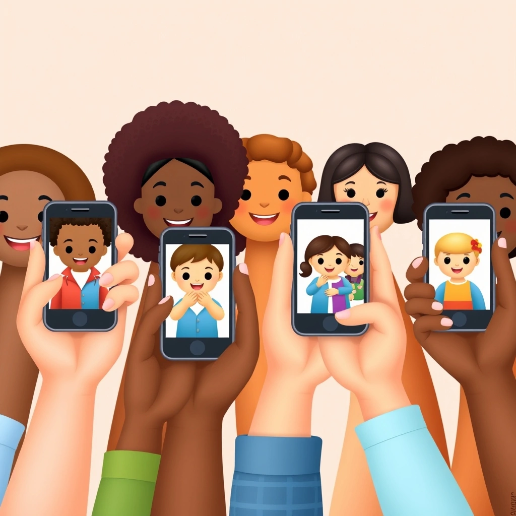Diverse hands holding phones showing inclusive emojis like different skin tones and family types. Diverse hands holding phones showing inclusive emojis like different skin tones and family types.