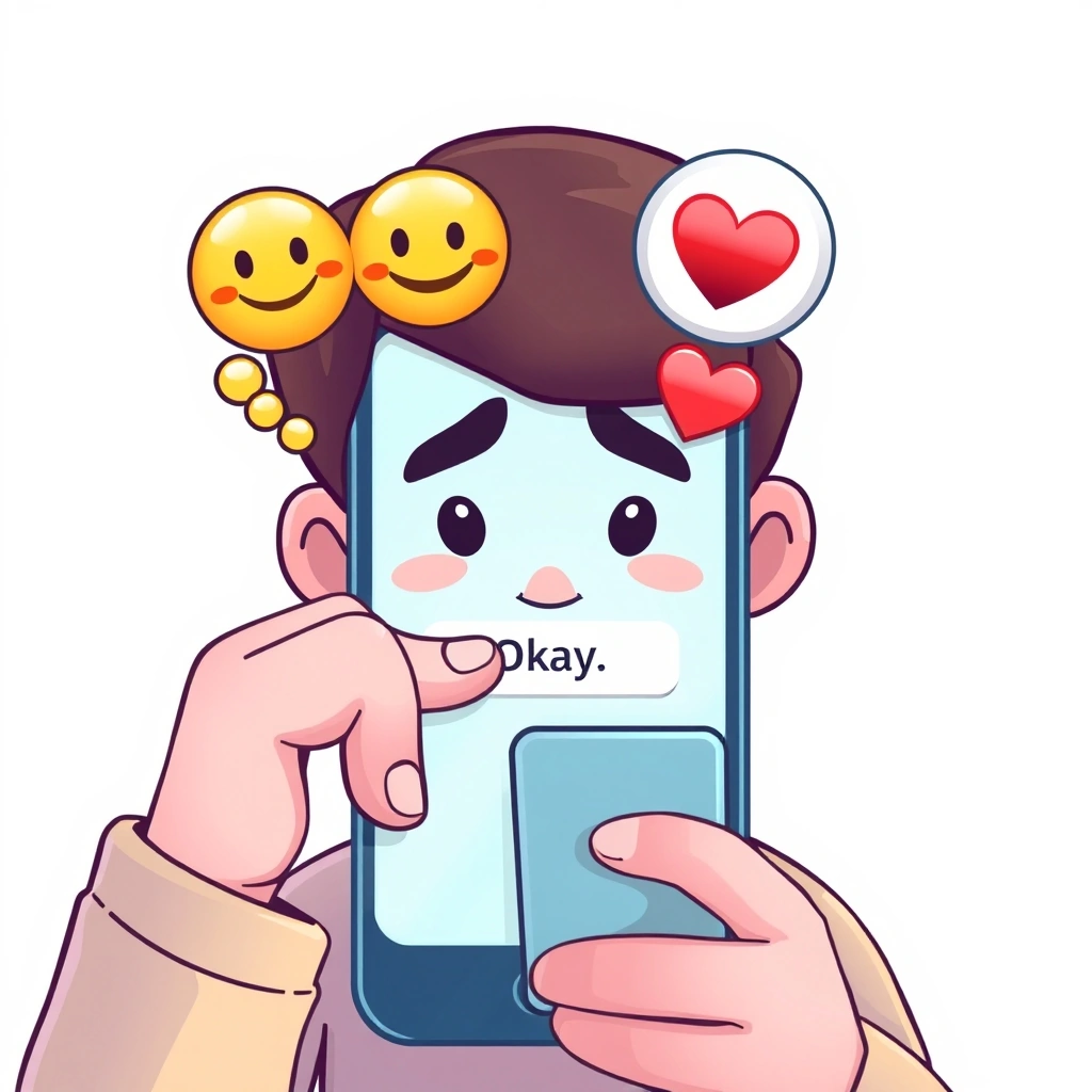 Person hesitating to send a text, considering which emoji to add for clarity.