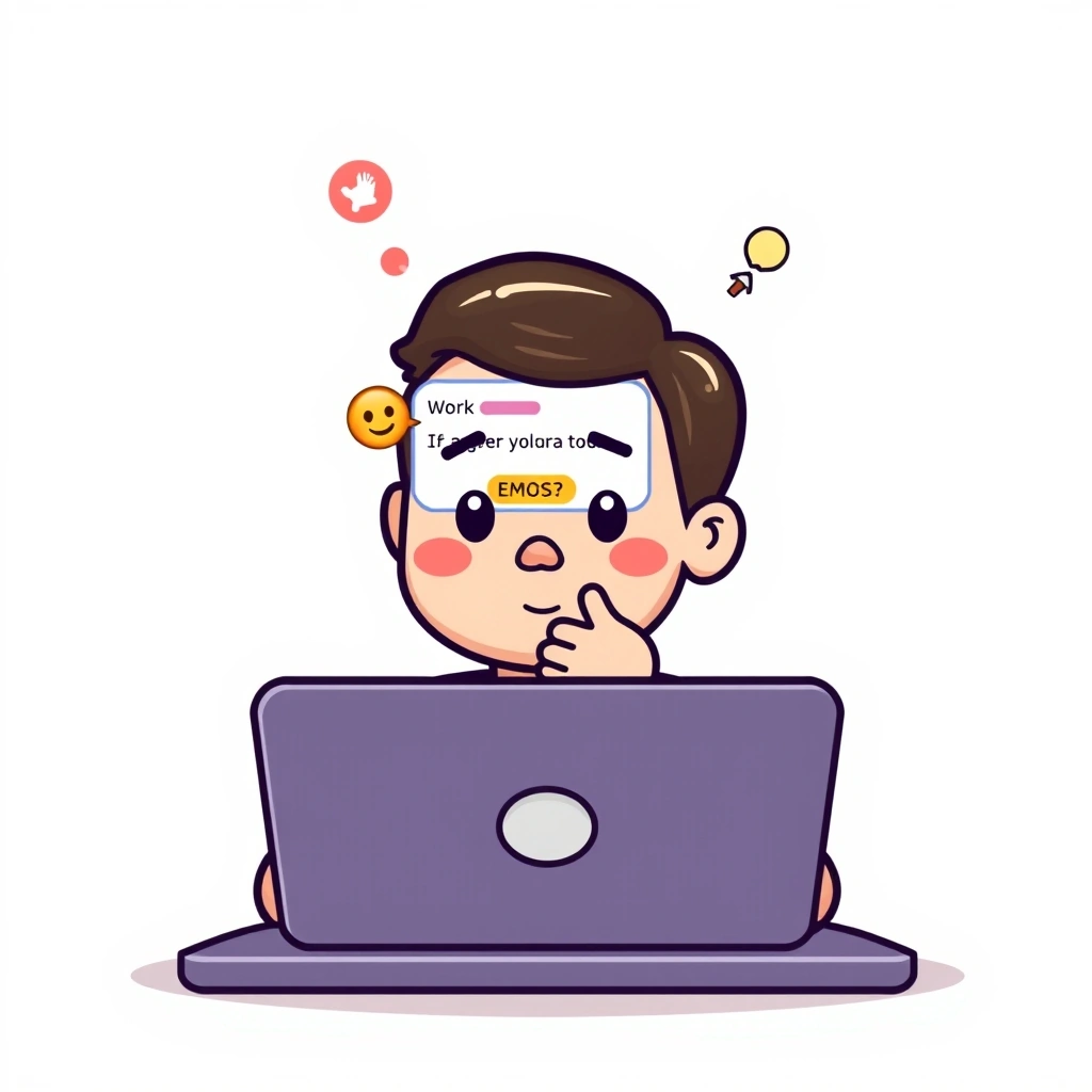 A professional comparing the tone of work messages with and without emojis on a laptop.