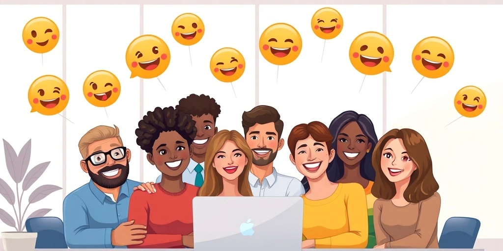 A happy team collaborating with emoji-filled chat bubbles representing positive work communication.