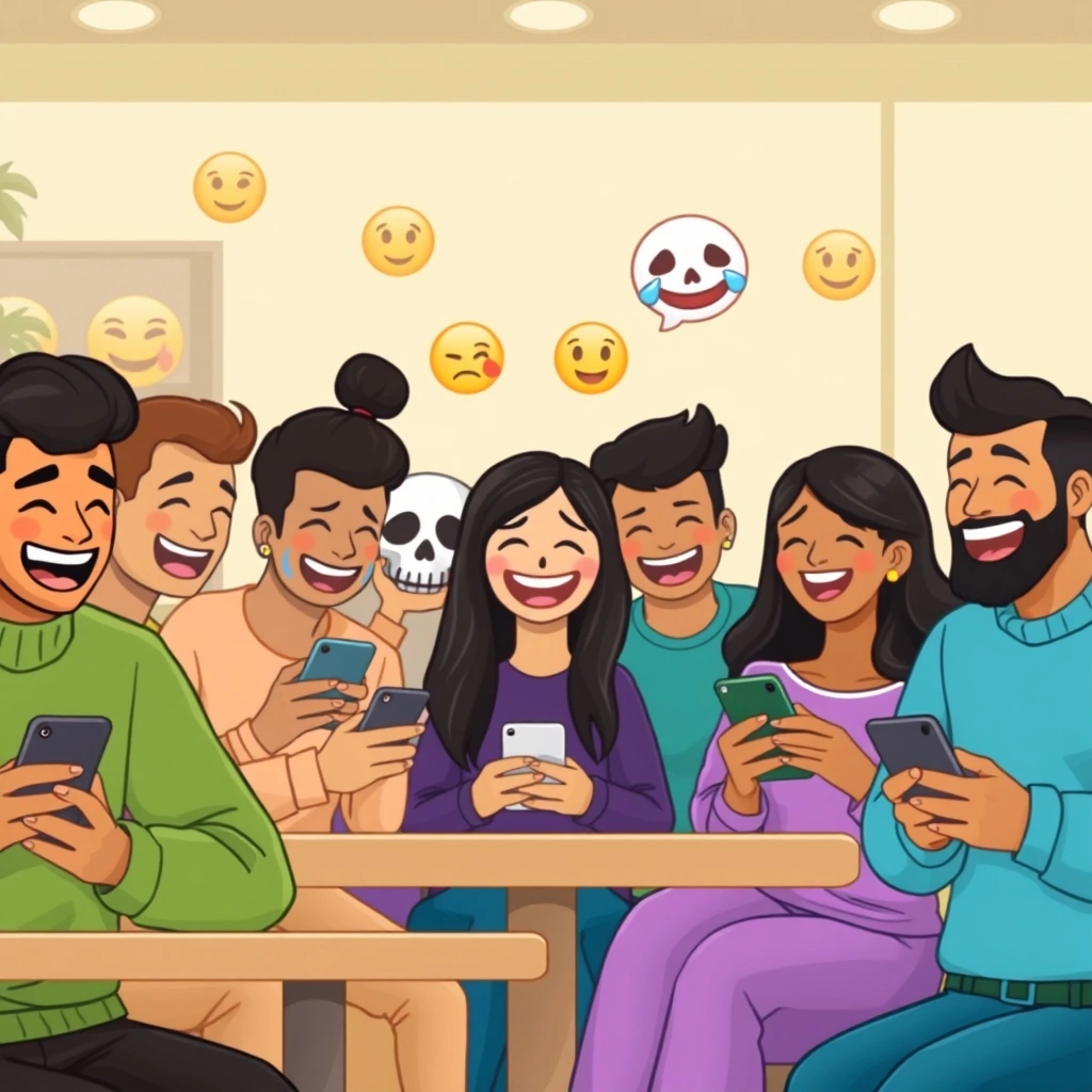 Friends using phones and reacting with emoji-like expressions in a cafe.