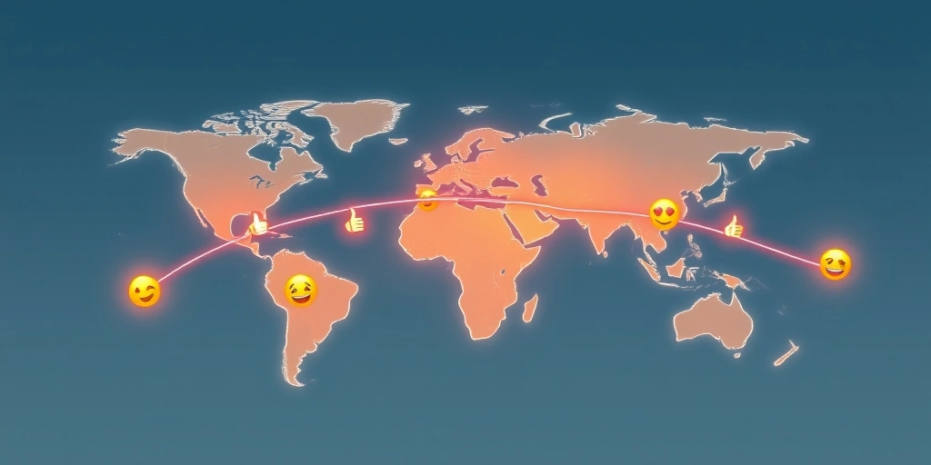 Conceptual image of emojis traveling across a world map on light trails.