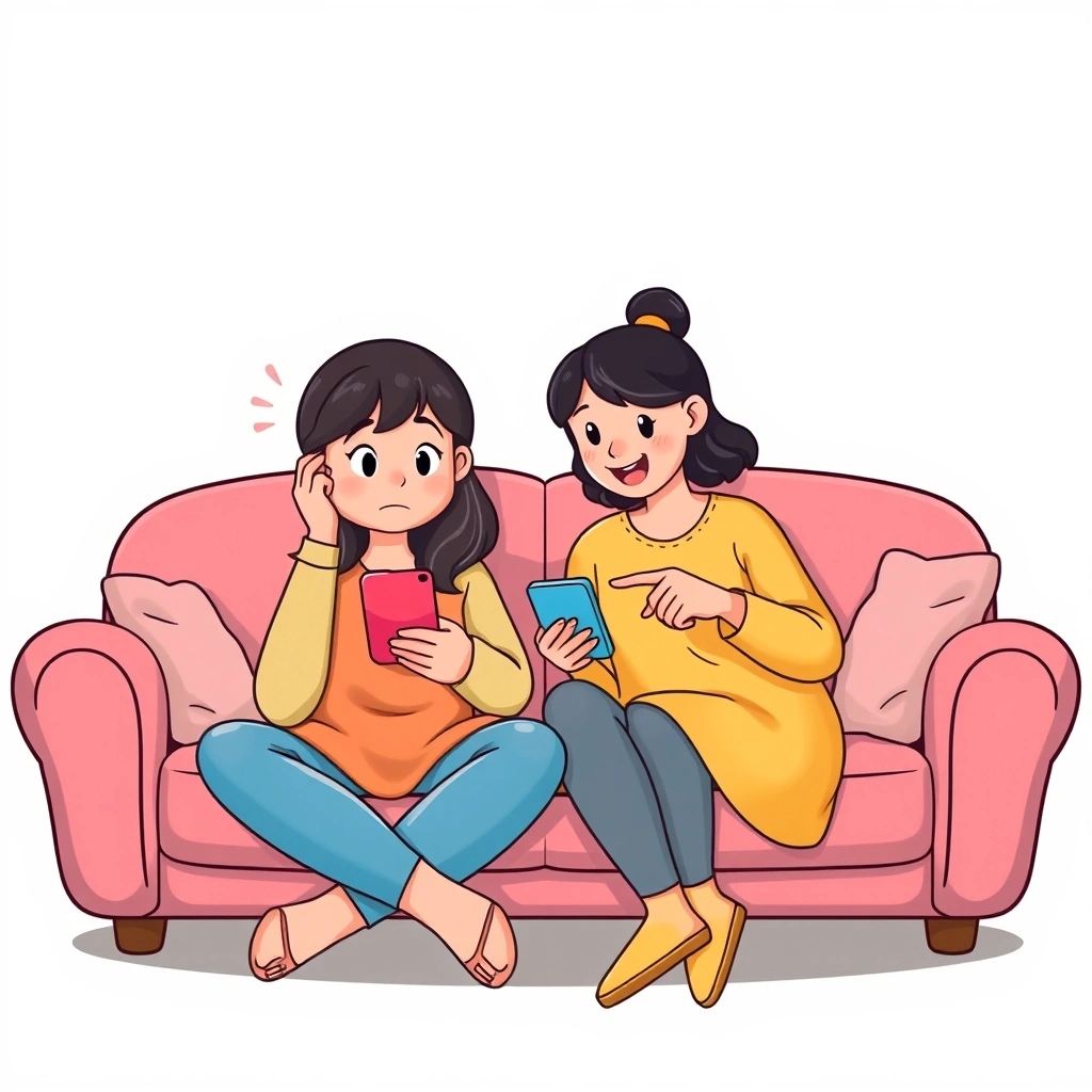 Friends laughing together as emojis on a phone screen ease a moment of tension.