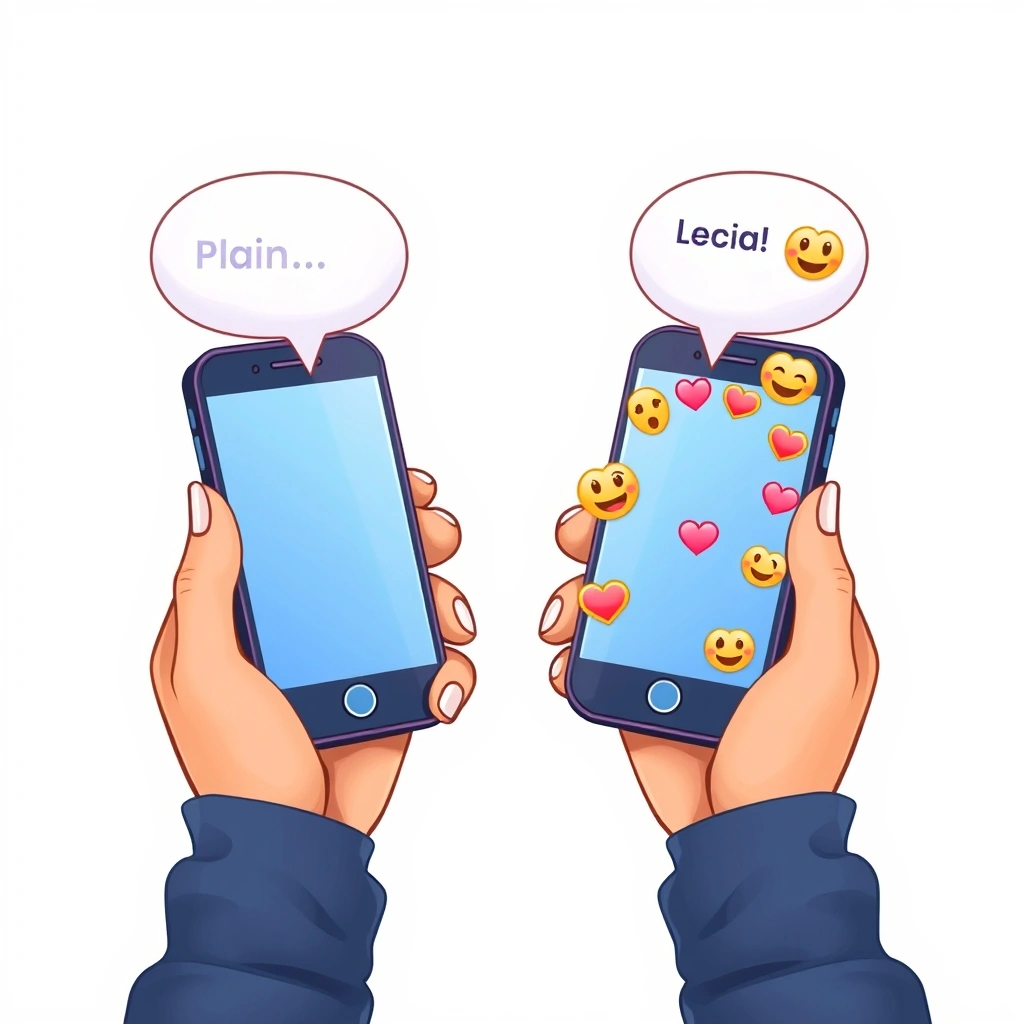 Visual comparison of a cold, plain text message versus a warm, emoji-enhanced message. Visual comparison of a cold, plain text message versus a warm, emoji-enhanced message.
