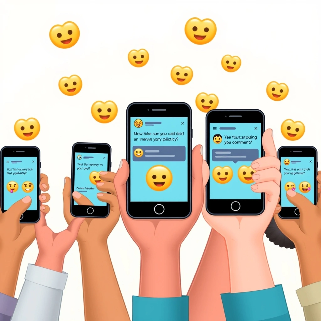 Multiple people using phones to contribute to a positive, emoji-enhanced online discussion.