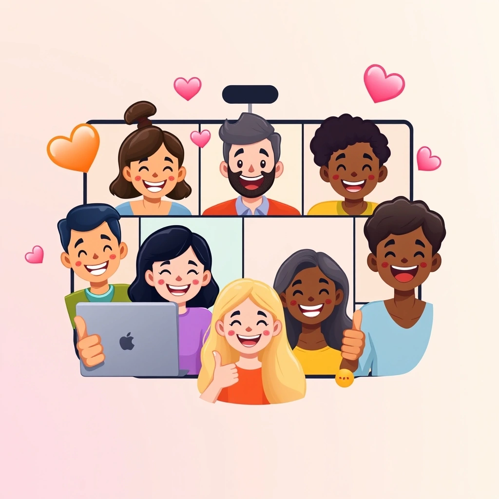 Remote team on a happy video call with friendly emojis visible on their monitors