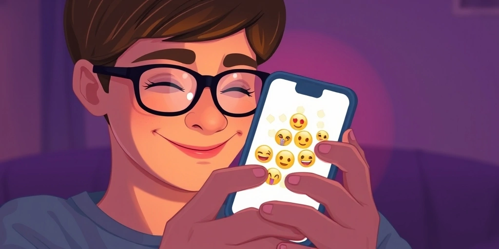 Someone smiling as they read a message with emojis on their phone in a cozy setting.