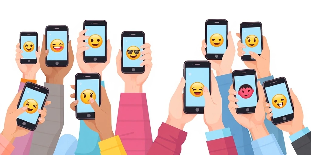 Multiple people holding phones, each showing a different emoji, representing communal digital expression. Multiple people holding phones, each showing a different emoji, representing communal digital expression.