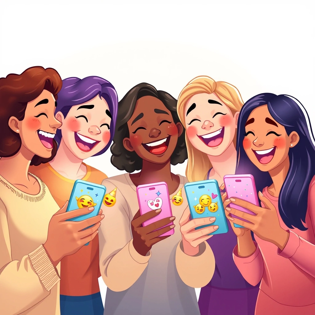 Friends sharing a joyful moment with celebratory emojis on their phones