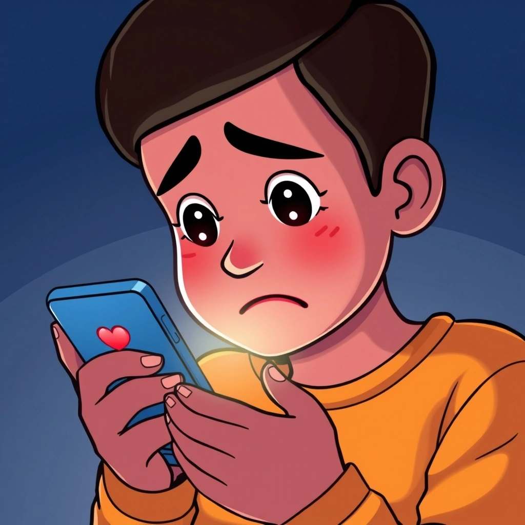 A person finding comfort in a single heart emoji reply on their phone in the dark. A person finding comfort in a single heart emoji reply on their phone in the dark.