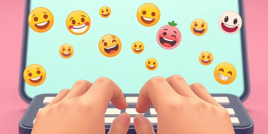 Hands typing on a phone with evolving emojis floating above the keyboard