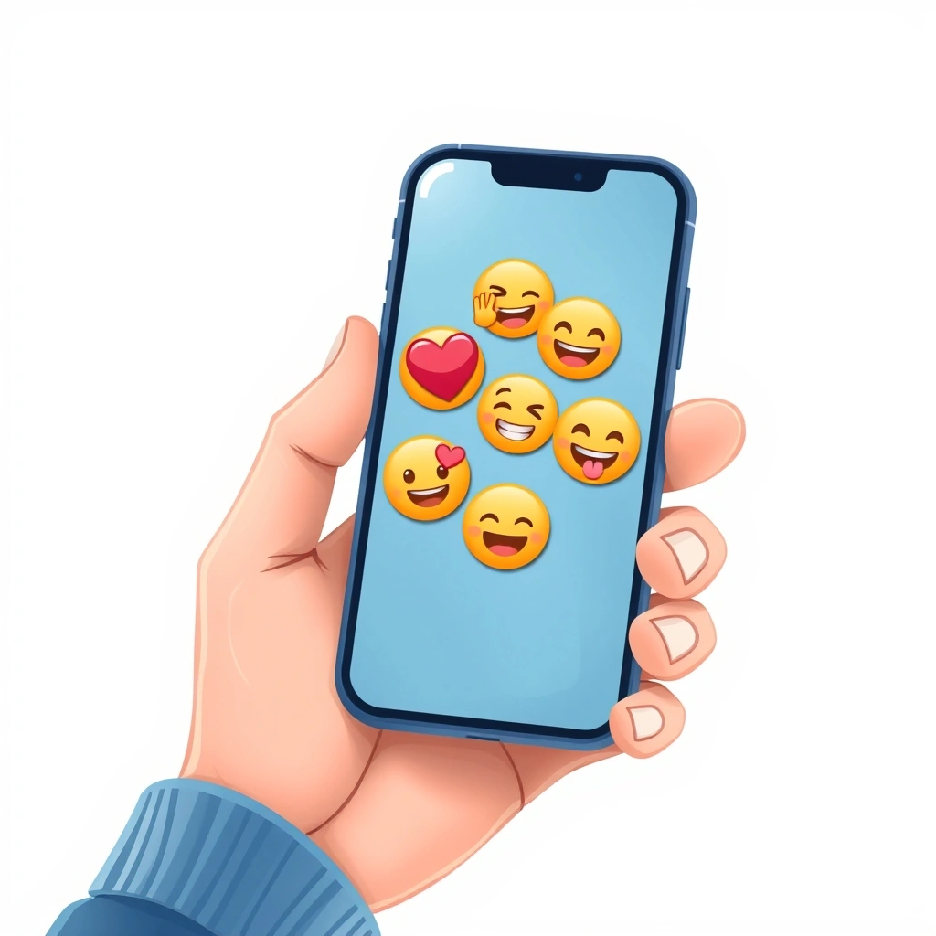 Someone smiling warmly at their phone, screen glowing with positive reaction emojis.