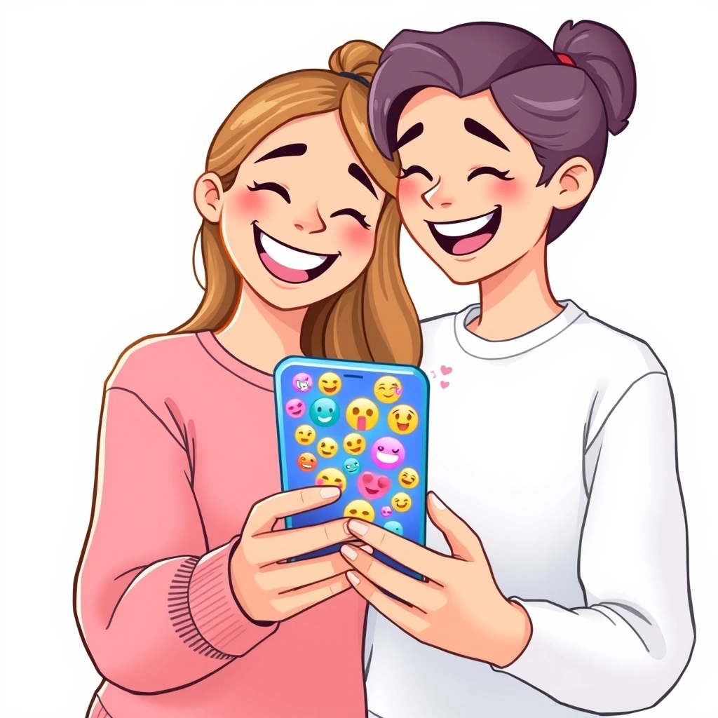 Friends sharing a laugh over a phone full of fun emojis Friends sharing a laugh over a phone full of fun emojis
