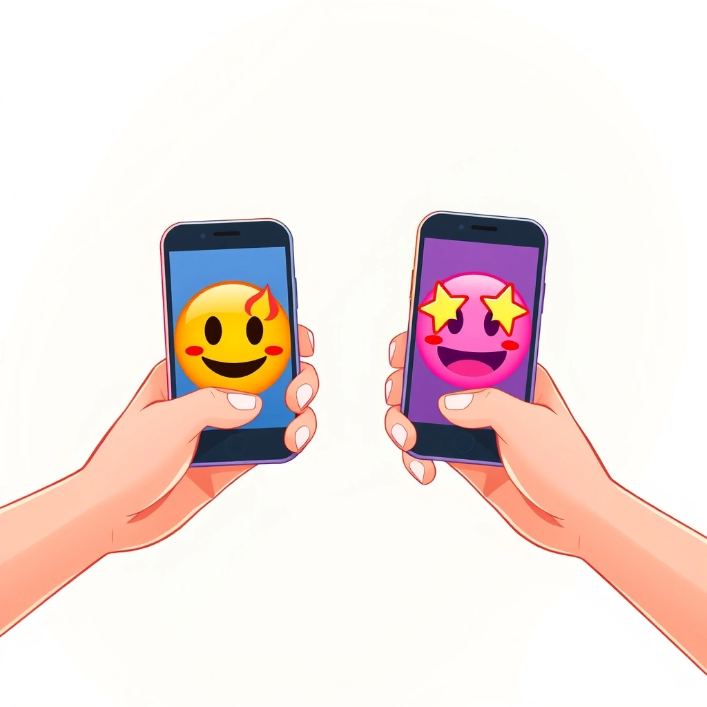 Two people texting, with one phone showing an intense, exciting pair of emojis.