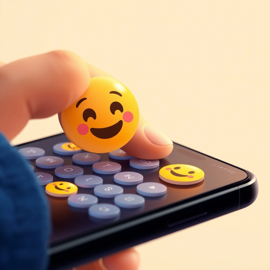 Someone choosing between a smiling and neutral emoji before sending a text.