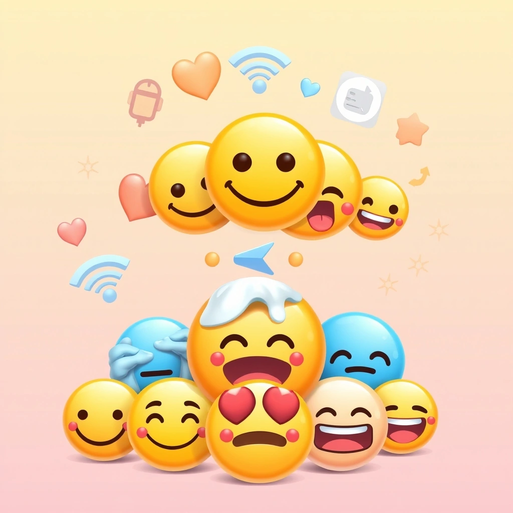Conceptual illustration of emojis evolving from simple to complex forms alongside internet symbols.
