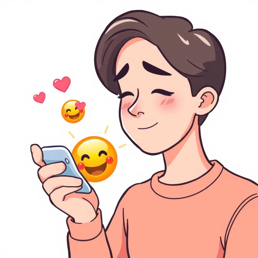 A person smiling with relief as a friendly emoji appears on their phone screen, easing tension. A person smiling with relief as a friendly emoji appears on their phone screen, easing tension.