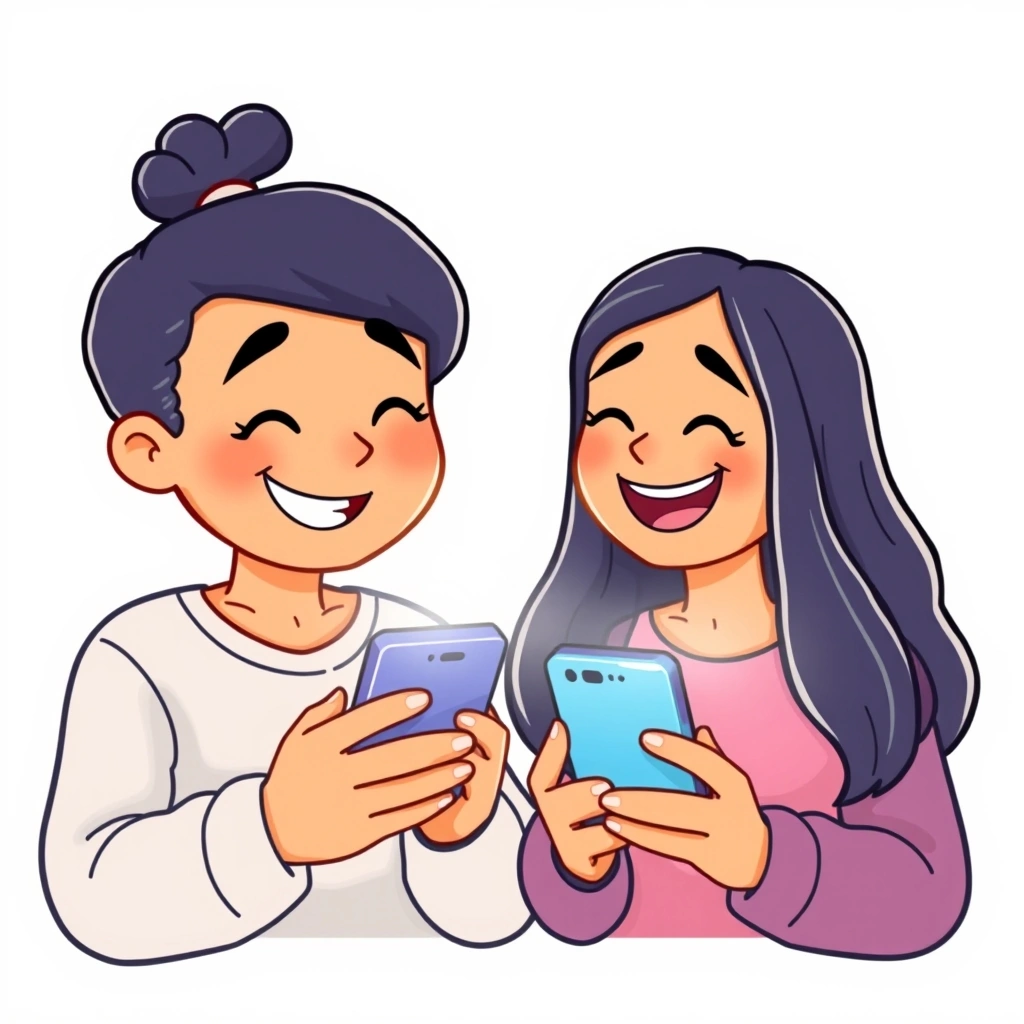 Friends connecting over nuanced emoji pairs on their phones Friends connecting over nuanced emoji pairs on their phones