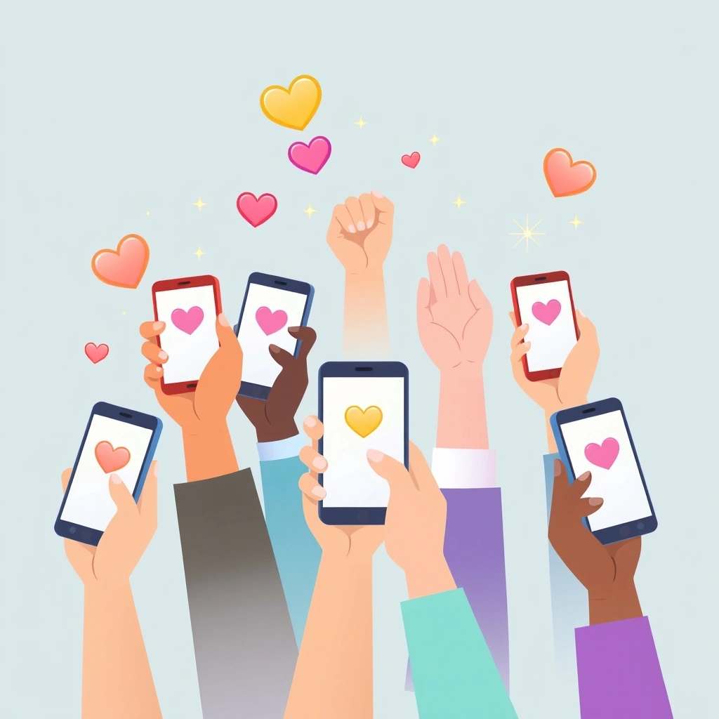 Hands holding mobile phones with unifying emoji symbols rising into the air.