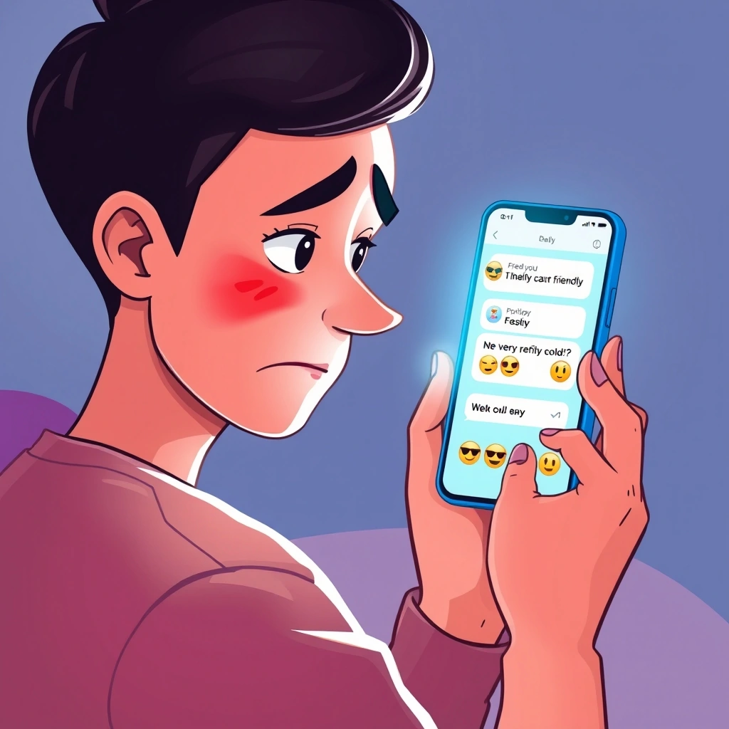 Person confused by a cold text reply after sending friendly emojis Person confused by a cold text reply after sending friendly emojis