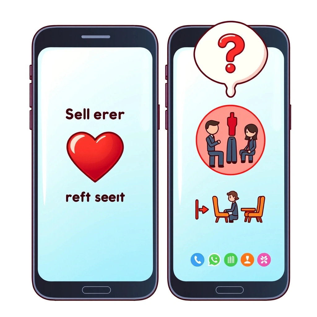 Two perspectives on a single heart emoji text, showing sender's casual intent and receiver's confused interpretation Two perspectives on a single heart emoji text, showing sender's casual intent and receiver's confused interpretation