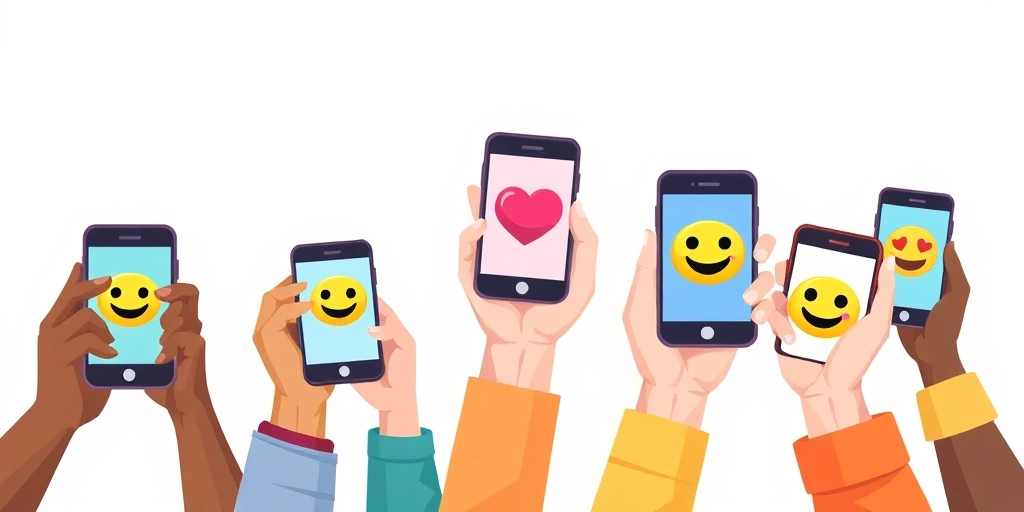 Multiple people using phones with emojis to communicate tone in a group. Multiple people using phones with emojis to communicate tone in a group.