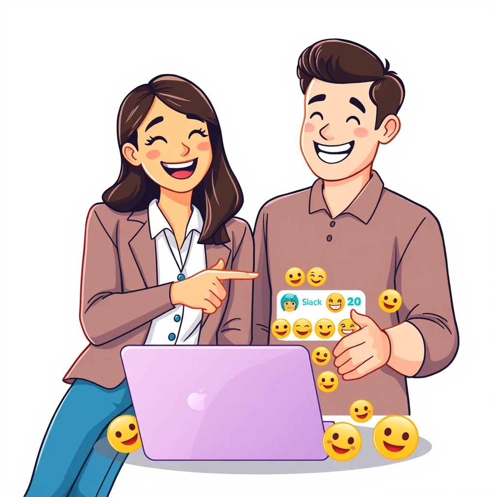 Team members happily communicating using emojis in Slack for clear understanding. Team members happily communicating using emojis in Slack for clear understanding.