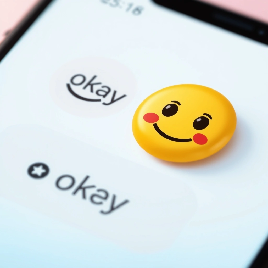 Two text messages showing how the same word 'okay' feels different with a smiley versus a neutral face emoji.