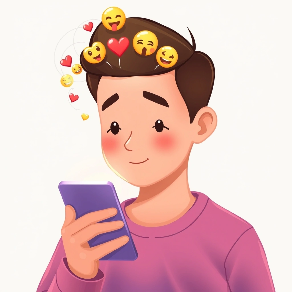A person contemplating which emoji to use, with a thought bubble showing different emoji options.