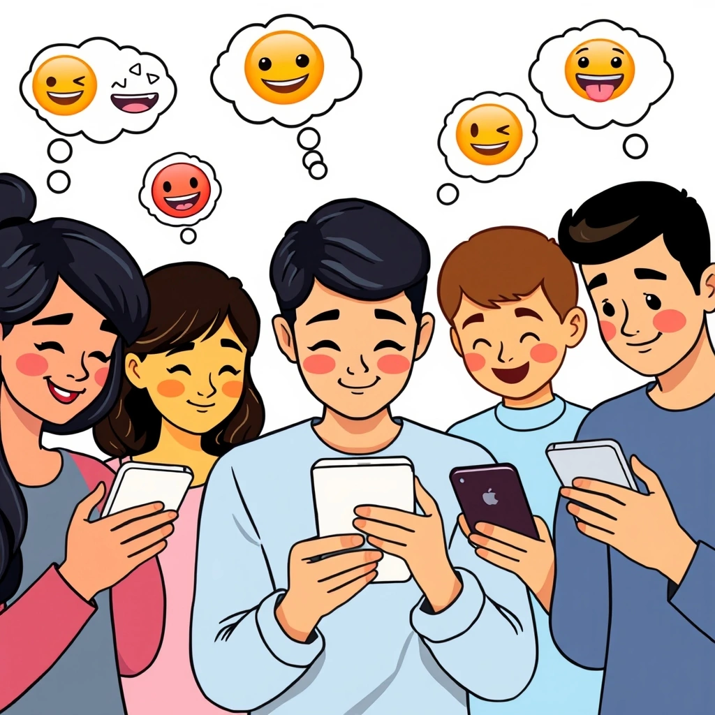 People having different emotional reactions, represented by emojis, to content on their phones.