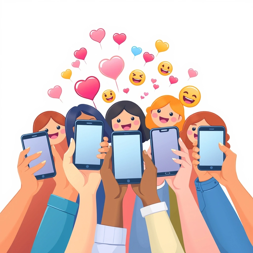 Hands holding phones with emojis floating upwards, representing shared connection in online groups.