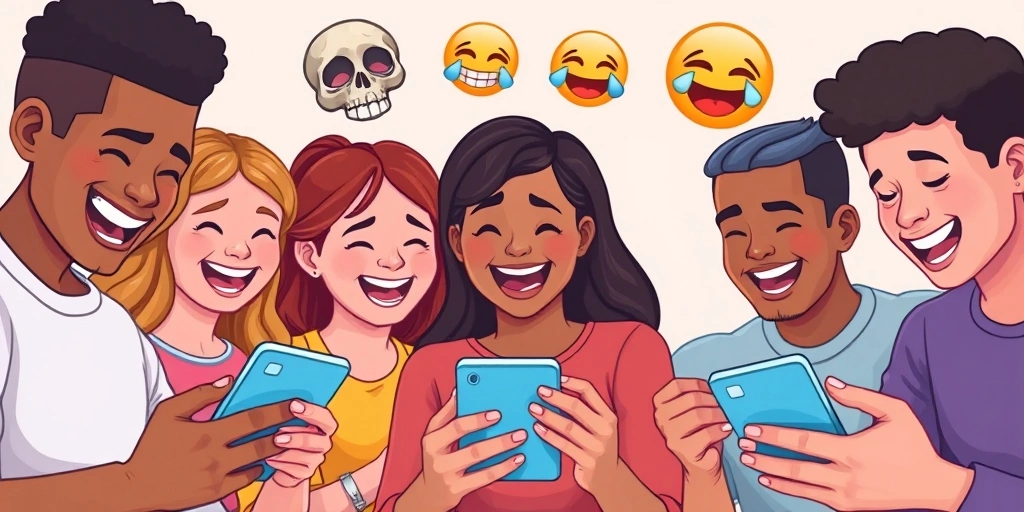 Friends sharing a laugh, with popular emojis hovering above them, symbolizing community-driven emoji evolution.
