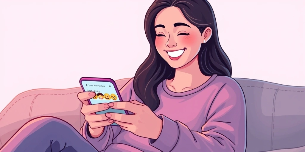 A person happily looking at a lively group chat full of friendly emoji reactions on their phone.