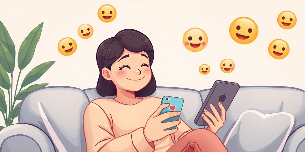 A person smiling at their phone, comforted by a casual emoji-based conversation.