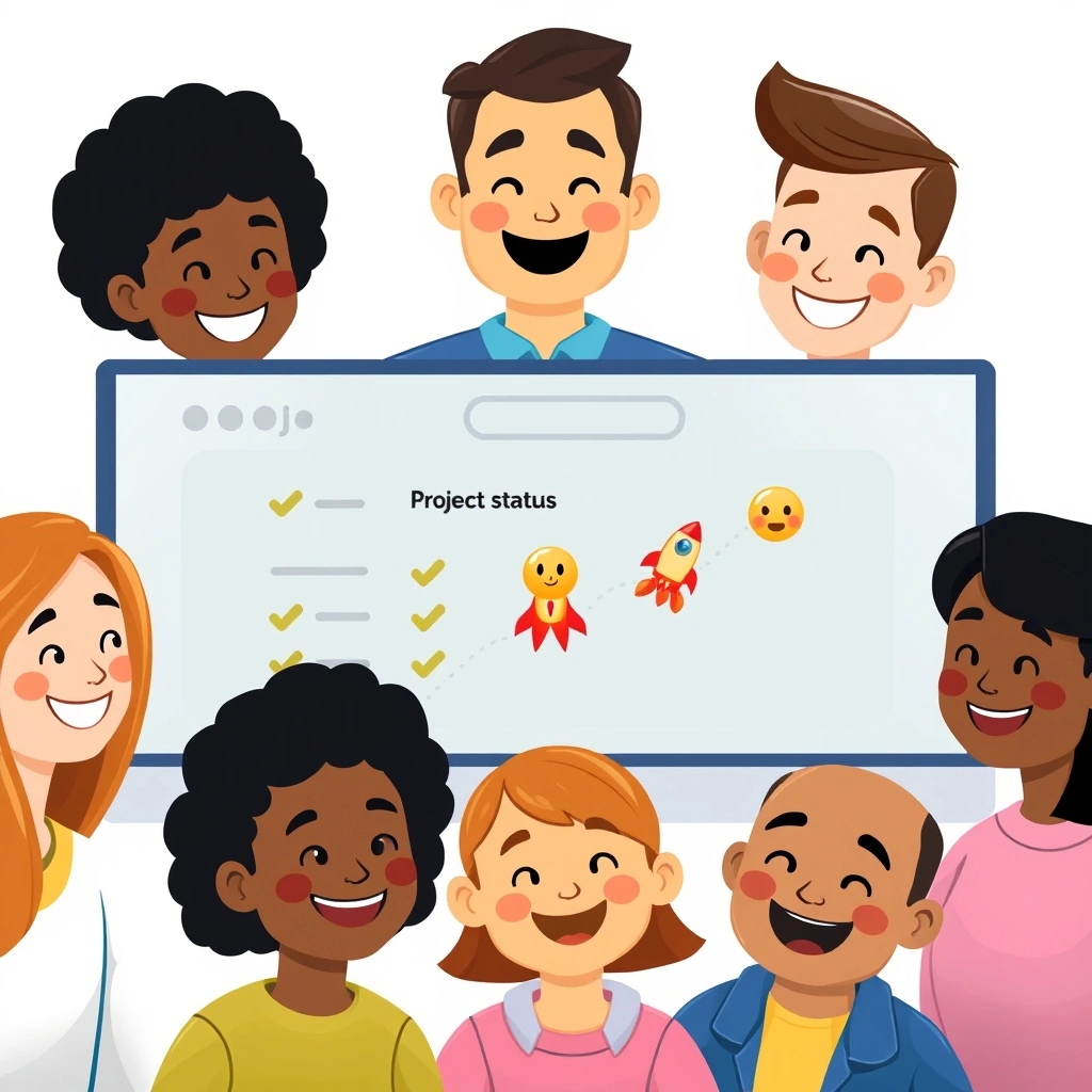 Team happily reviewing a project status update decorated with clear, helpful emojis.