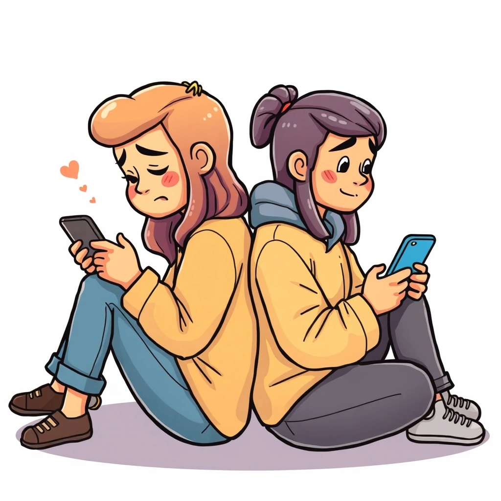 Two people misaligned in their emotions while texting, showing the gap in digital understanding.