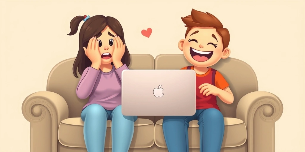 Friends sharing a moment of scared laughter while watching something together on a laptop Friends sharing a moment of scared laughter while watching something together on a laptop