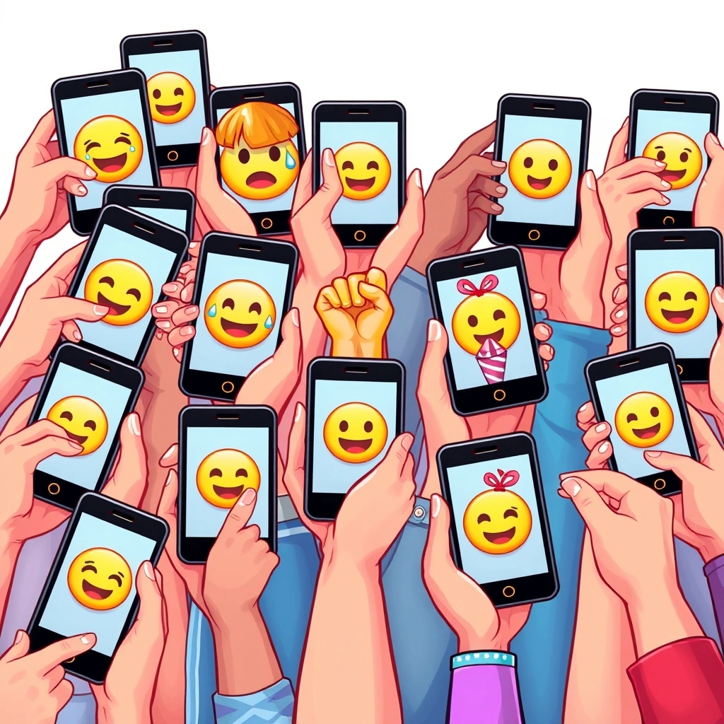Multiple hands holding devices displaying different emotional emojis, showing collective mood.
