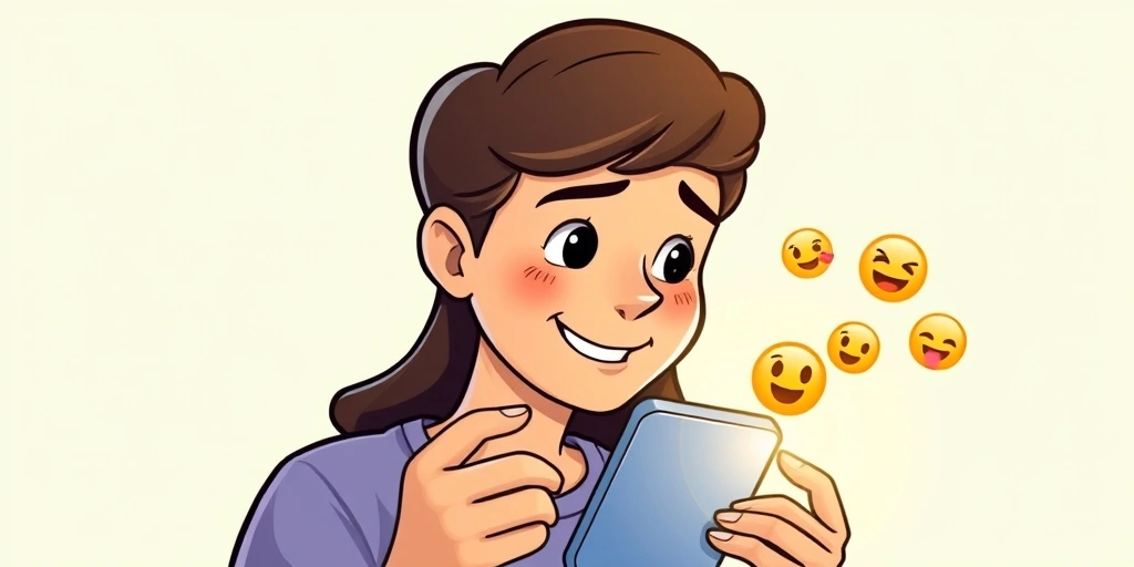 Person's face lighting up as a friendly emoji appears on their phone screen during a text conversation.