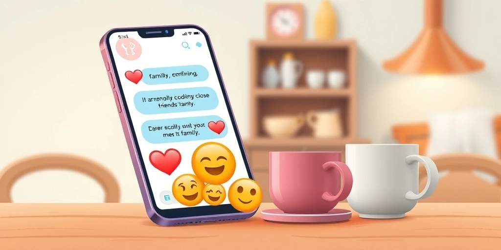 A phone showing a warm, emoji-filled chat on a wooden table.