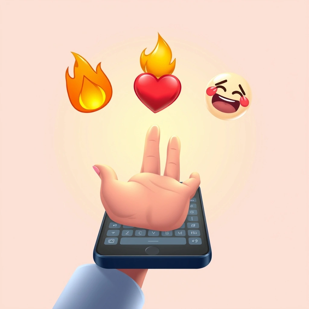 A hand choosing between floating emoji reactions above a phone