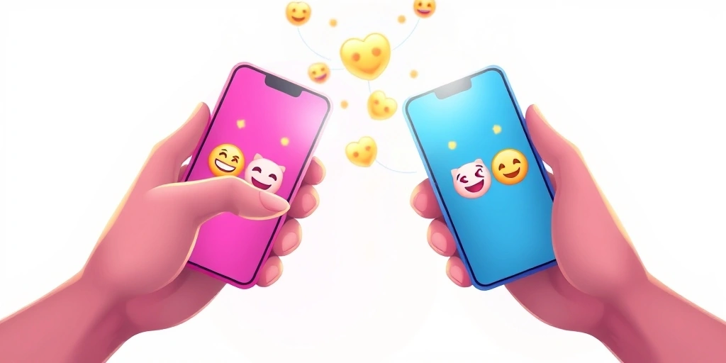 Visual metaphor for emotional connection and understanding flowing between phones via emoji sequences. Visual metaphor for emotional connection and understanding flowing between phones via emoji sequences.