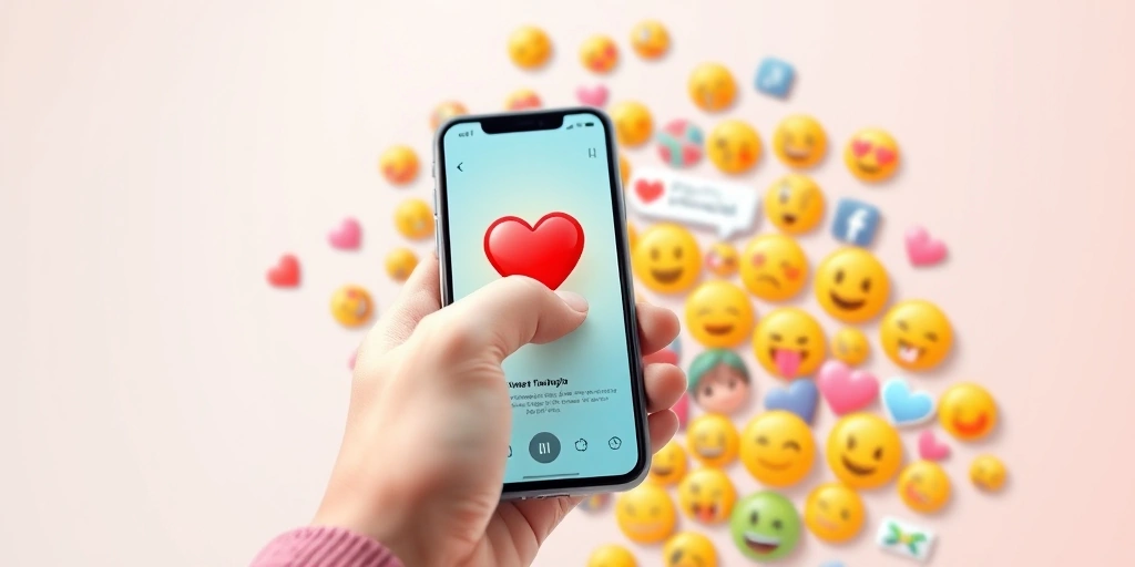 A hand about to engage with a positive, emoji-filled social media post on a smartphone. A hand about to engage with a positive, emoji-filled social media post on a smartphone.