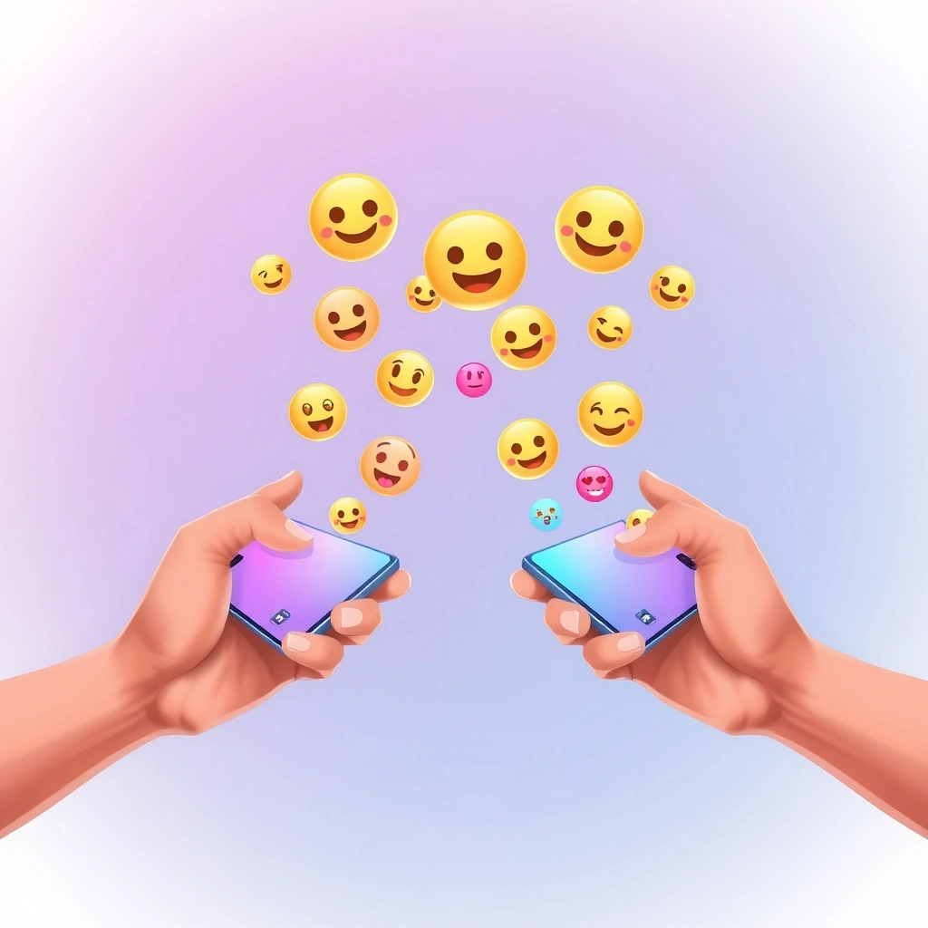 Emojis bridging the gap between two people texting on phones Emojis bridging the gap between two people texting on phones