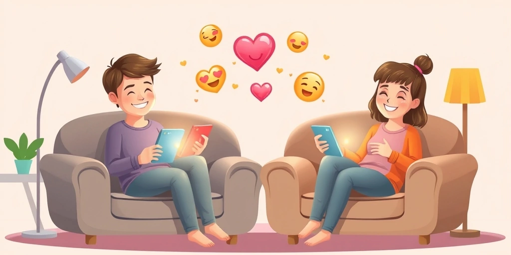 People at home connected through their phones with friendly emojis floating between them.