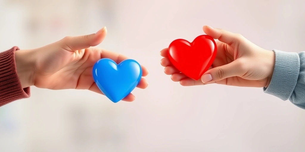 A red heart emoji and a blue heart emoji being offered by different hands, showing contrasting meanings.