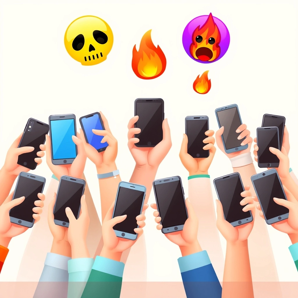 Multiple people using their phones, with evolving emoji combinations floating in the air around them. Multiple people using their phones, with evolving emoji combinations floating in the air around them.